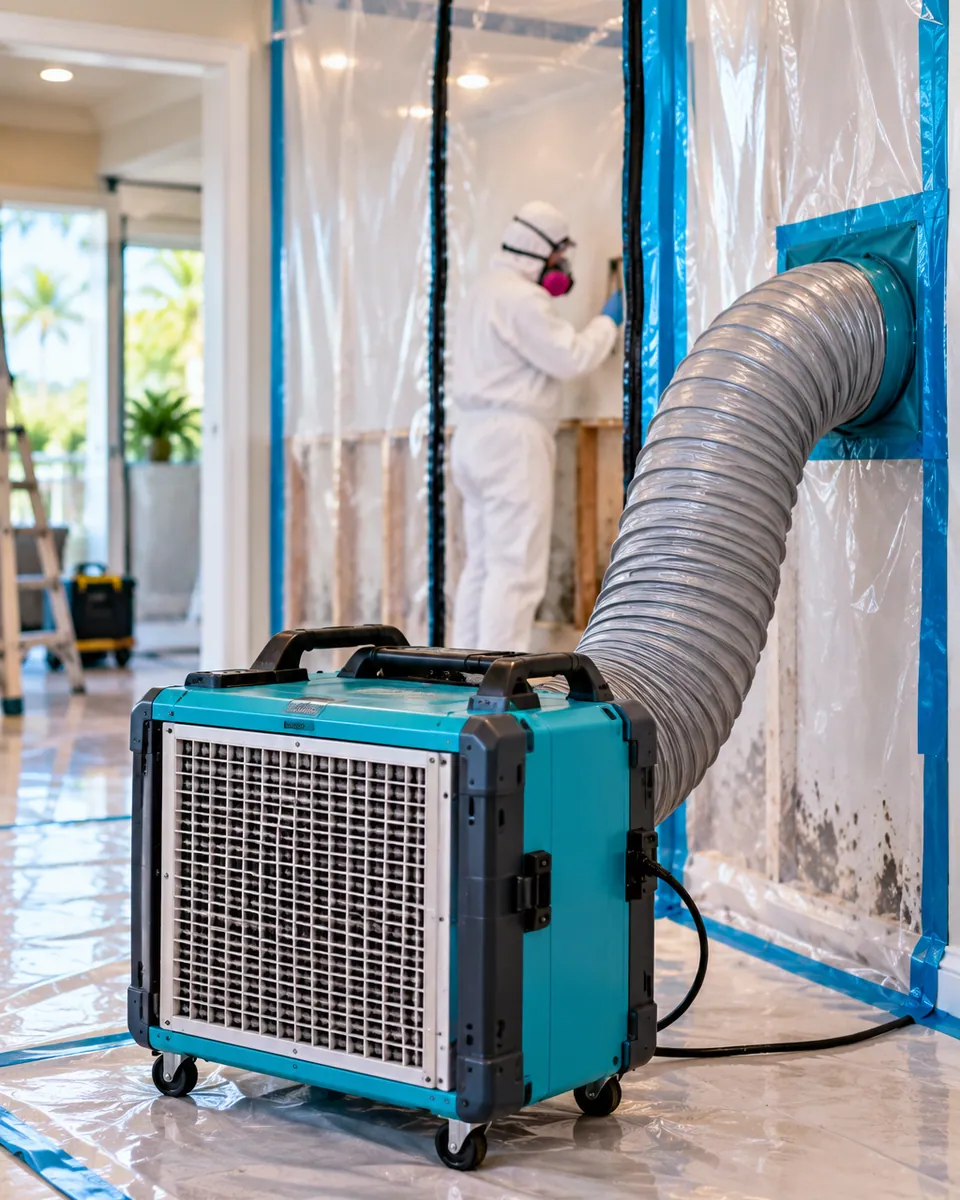 HEPA air scrubber and poly containment set up for mold remediation in Palm Springs