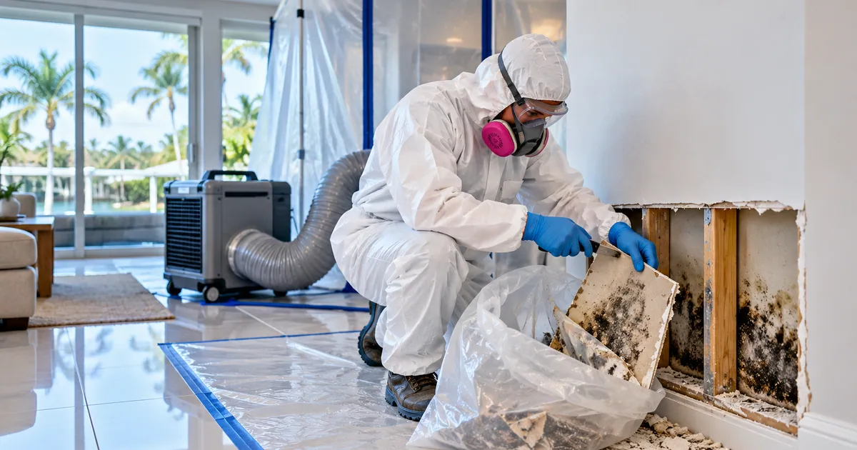 Condo-Smart Mold Removal in Palm Springs, FL — technician removing mold under containment